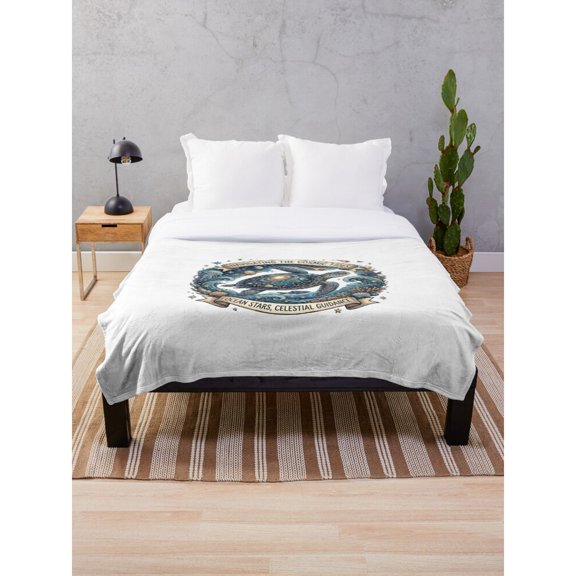 Blue and Gold Sun Moon and Stars Celestial Chart Fleece Blanket, Polyester Fleece Fabric, 280 GSM, Mystical Style