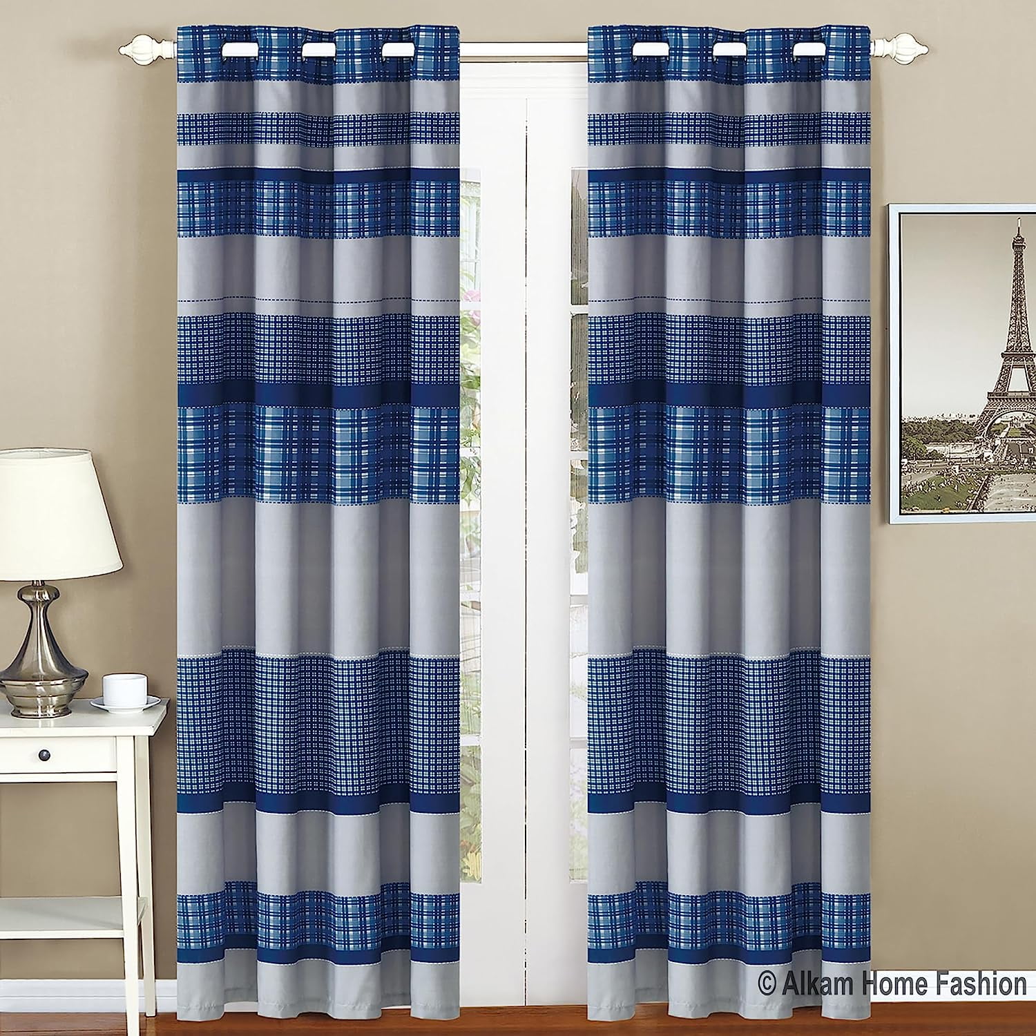 Blue and Gray Bedspread and Pillow Sham Set Matching Curtains