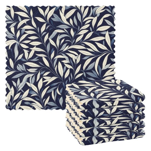 Blue and Gray Leaves Kitchen Cloth Dish Towels for Drying Washing Absorbent Dish Rags Reusable soft kitchen dishcloth set 6 Pack