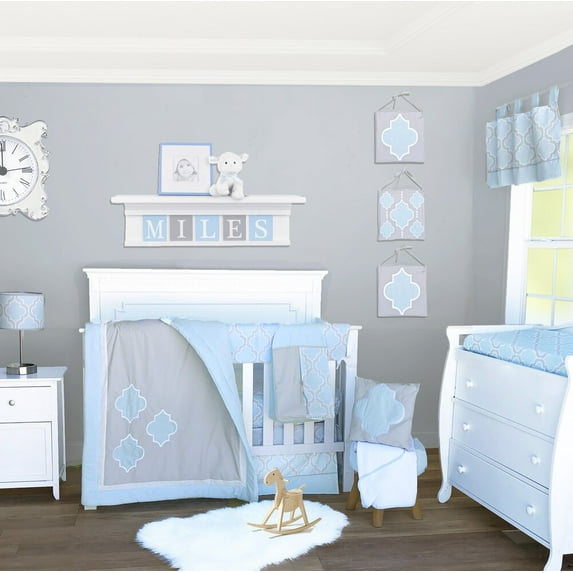 Blue and Gray Medallion 5 Piece Baby Crib Bedding Set by Pam Grace Creations