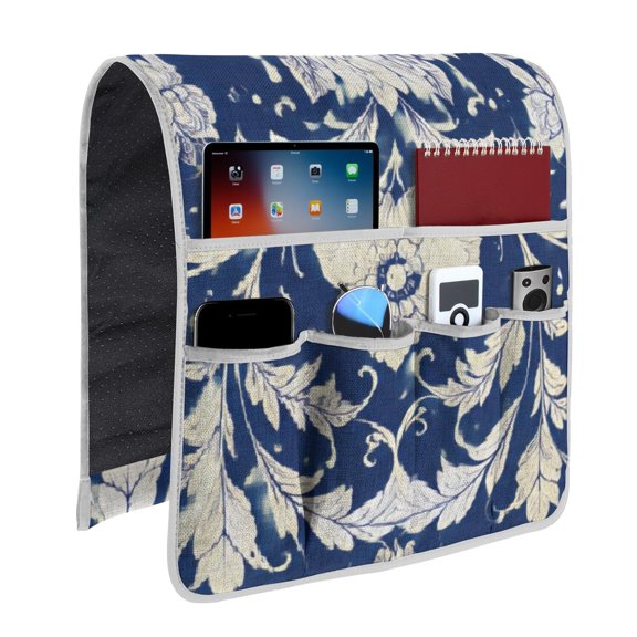 Blue and Gray Patterned Couch Armrest Organizer Bag, 13 x 35 in, 6-Pocket Sofa Caddy for Recliner, Bedside and Living Room Storage Use
