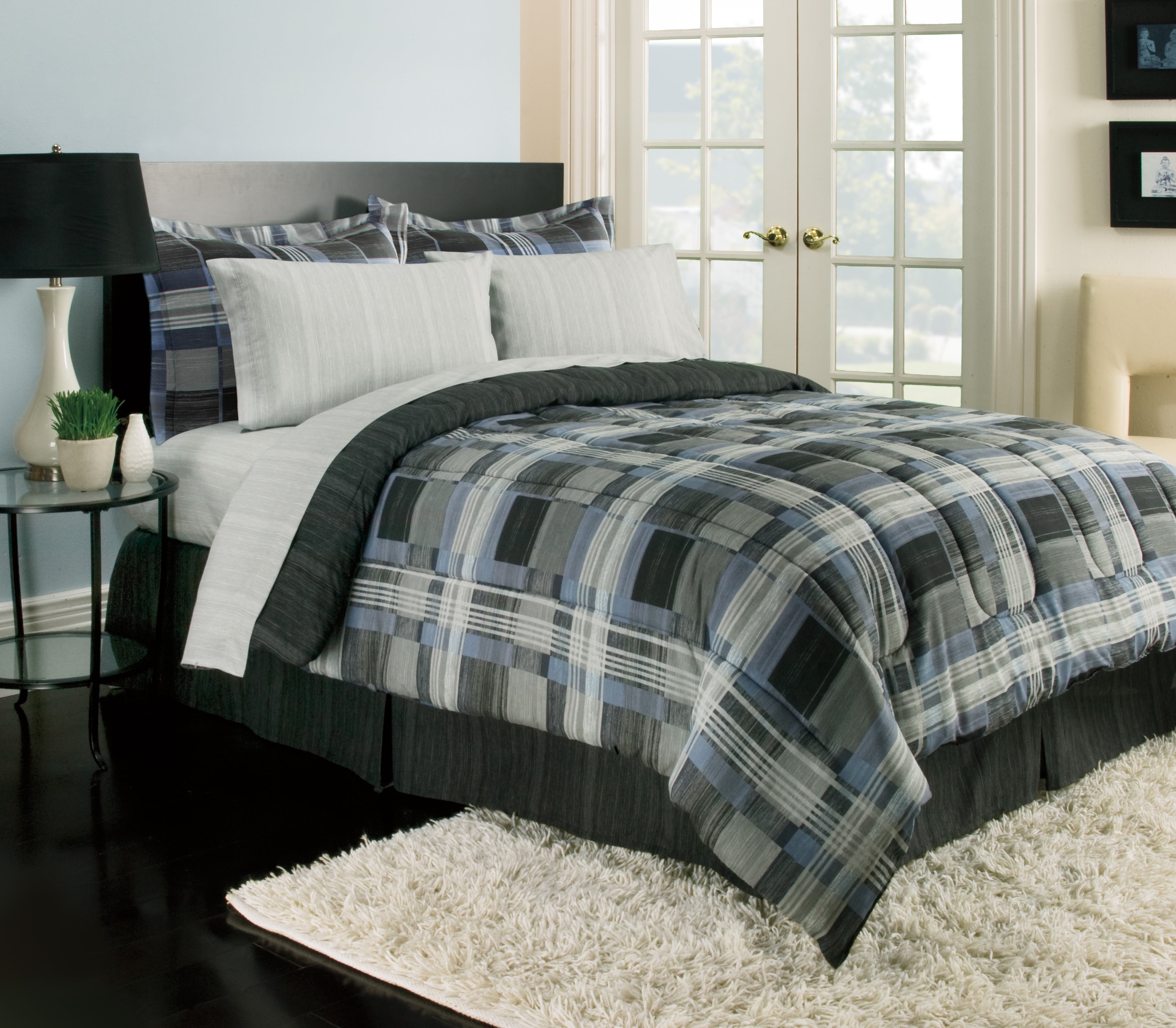 Blue and Gray Plaid Reversible Bed in a Bag - Walmart.com