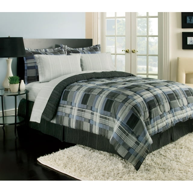 Blue and Gray Plaid Reversible Bed in a Bag