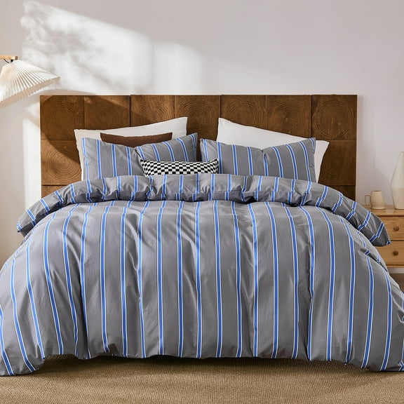 Blue and Gray Striped Duvet Cover Set Queen Size 100% Cotton Bedding Set with Modern Coastal Style Soft Breathable Linen Like Bedding Set 3 Pieces