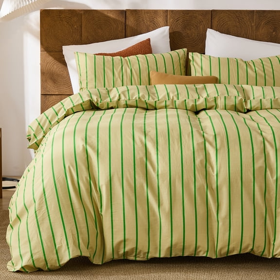 Striped Duvet Cover Set Queen Size - 100% Cotton Duvet Cover Set, Khaki & Green Stripes Pattern Comforter Cover 3 Pieces, Soft Linen Like Bedding Set for All Seasons