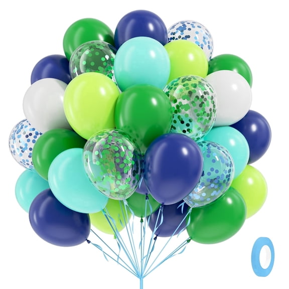 Blue and Green Balloons, 60pcs 12inch Navy Blue Lime Green Teal White Balloons for Baby Shower Birthday Party Decorations
