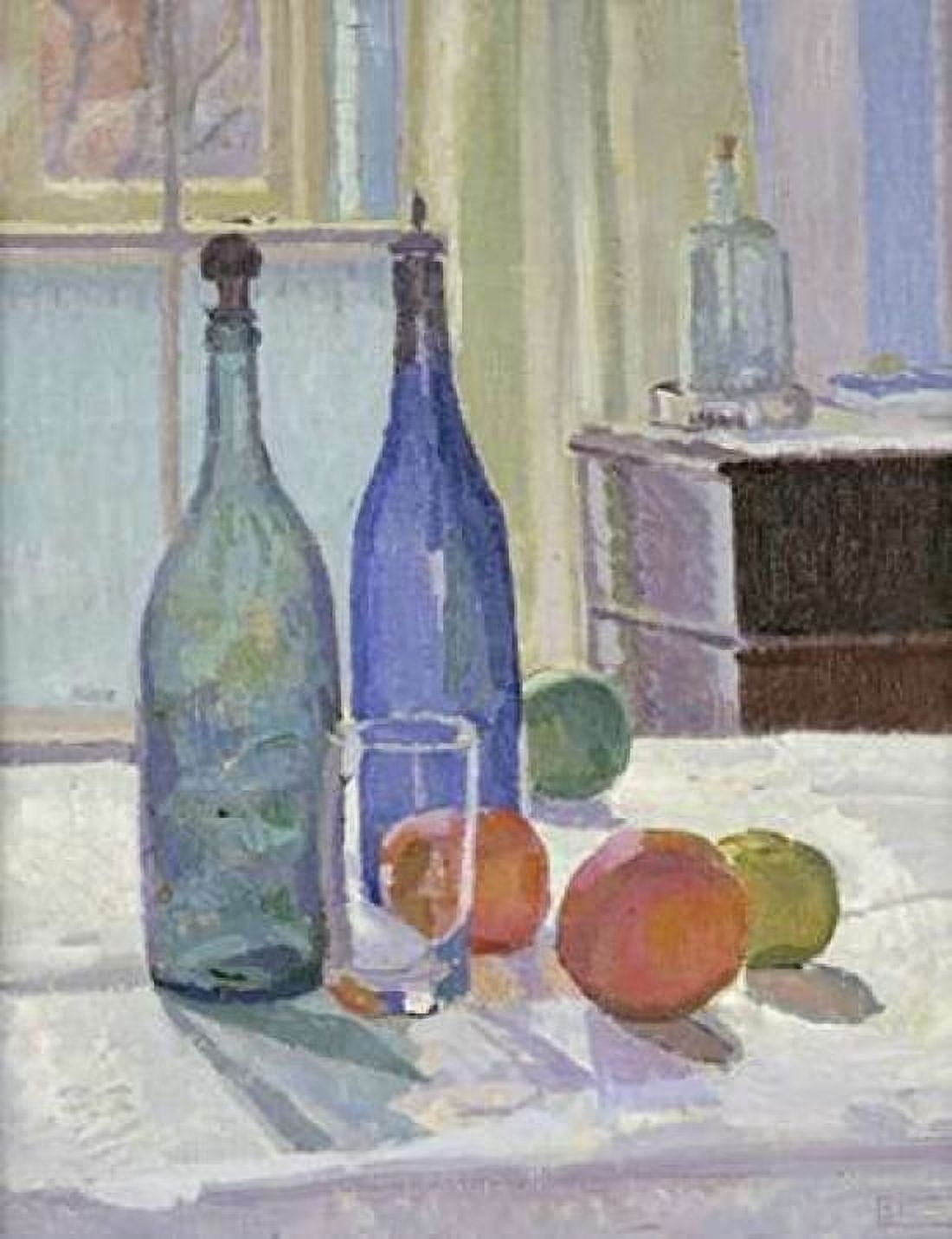 Blue and Green Bottles and Oranges Canvas Art - Spencer Frederick Gore (22 x 28)
