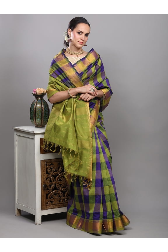 Blue and Green Buffalo Check woven Saree with Zari Thread Stripe Border from Bangalore