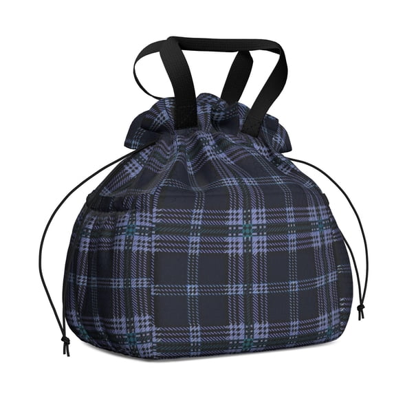 Blue and Green Checkered Pattern Drawstring Insulated Lunch Bag for Women, Stain-Resistant Large Lunch Tote with Multi-Pockets for Work Office