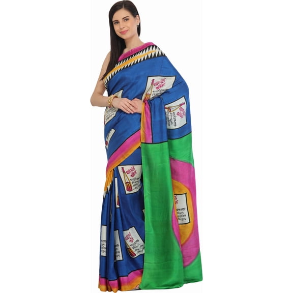 Blue and Green Digital-Printed Sari from Kolkata