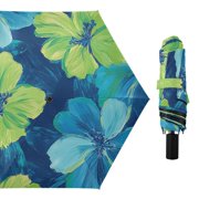 Blue and Green Flowers Oil Painting All Weather Umbrella Triple Folding Parasol 6 Ribs UV Protection Portable