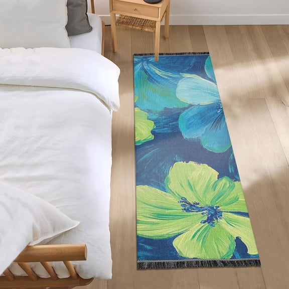 Blue and Green Flowers Oil Painting Bedside Runner Rug 2'x 6' Non Slip Carpet Floor Mat Area Rug