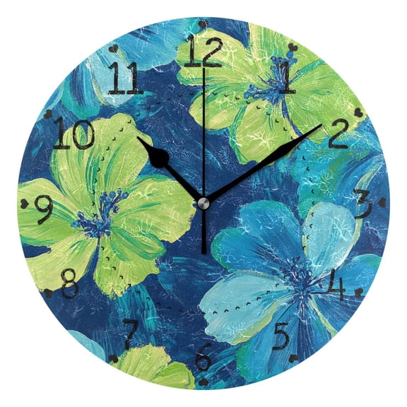 Blue and Green Flowers Oil Painting Round Wall Clock Silent Analog Battery Operated Black Pointer Home Decor 9.84" Diameter