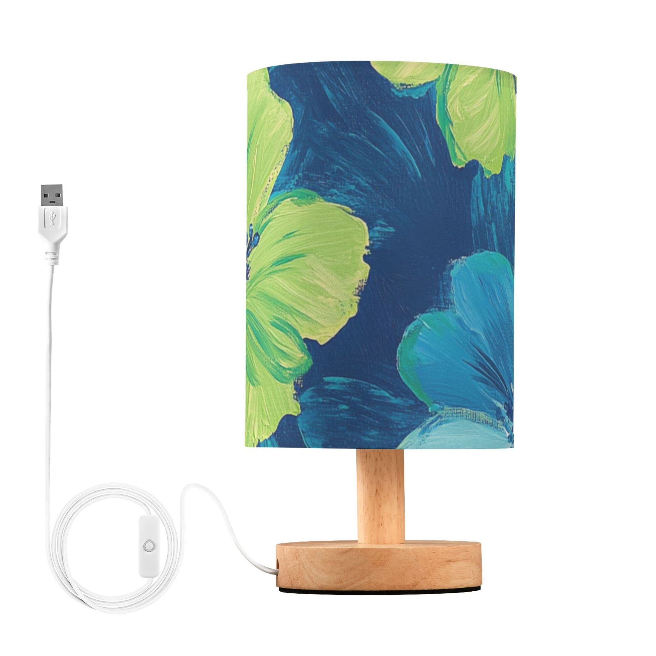 Blue and Green Flowers Oil Painting Table Lamp with USB Port LED Warm Light Lamp Night Light Home Decor