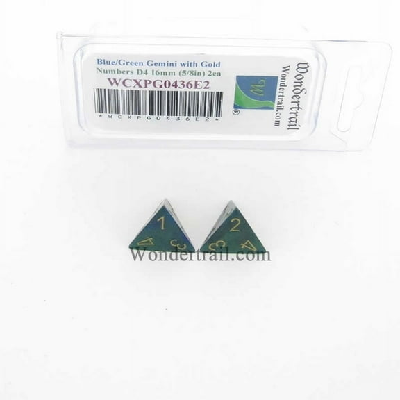 Blue and Green Gemini Dice with Gold Numbers D4 Aprox 16mm (5/8in) Pack of 2 Wondertrail