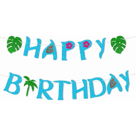 Blue and Green Glitter "Happy Birthday" Banner with Tropical Palm Leaf, Flower and Coconut Tree Decorations, Hawaiian Luau Birthday Party Supplies