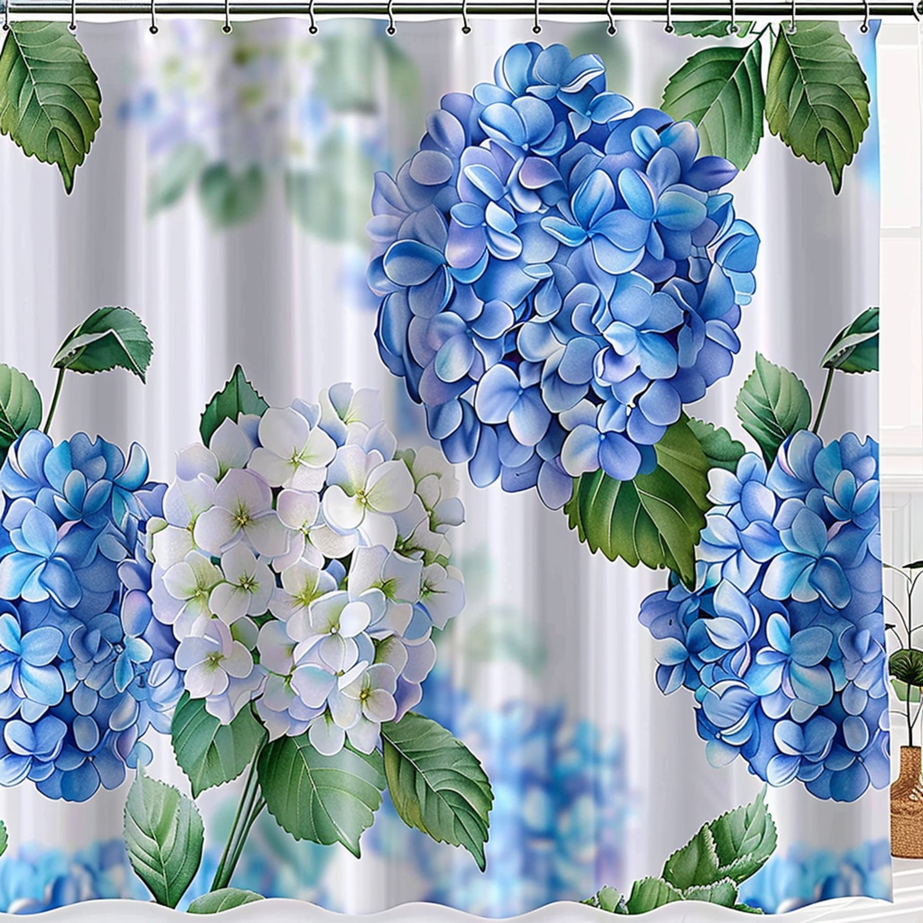 Blue and Green Hydrangea Flower Shower Curtain for Bathroom Decor White ...
