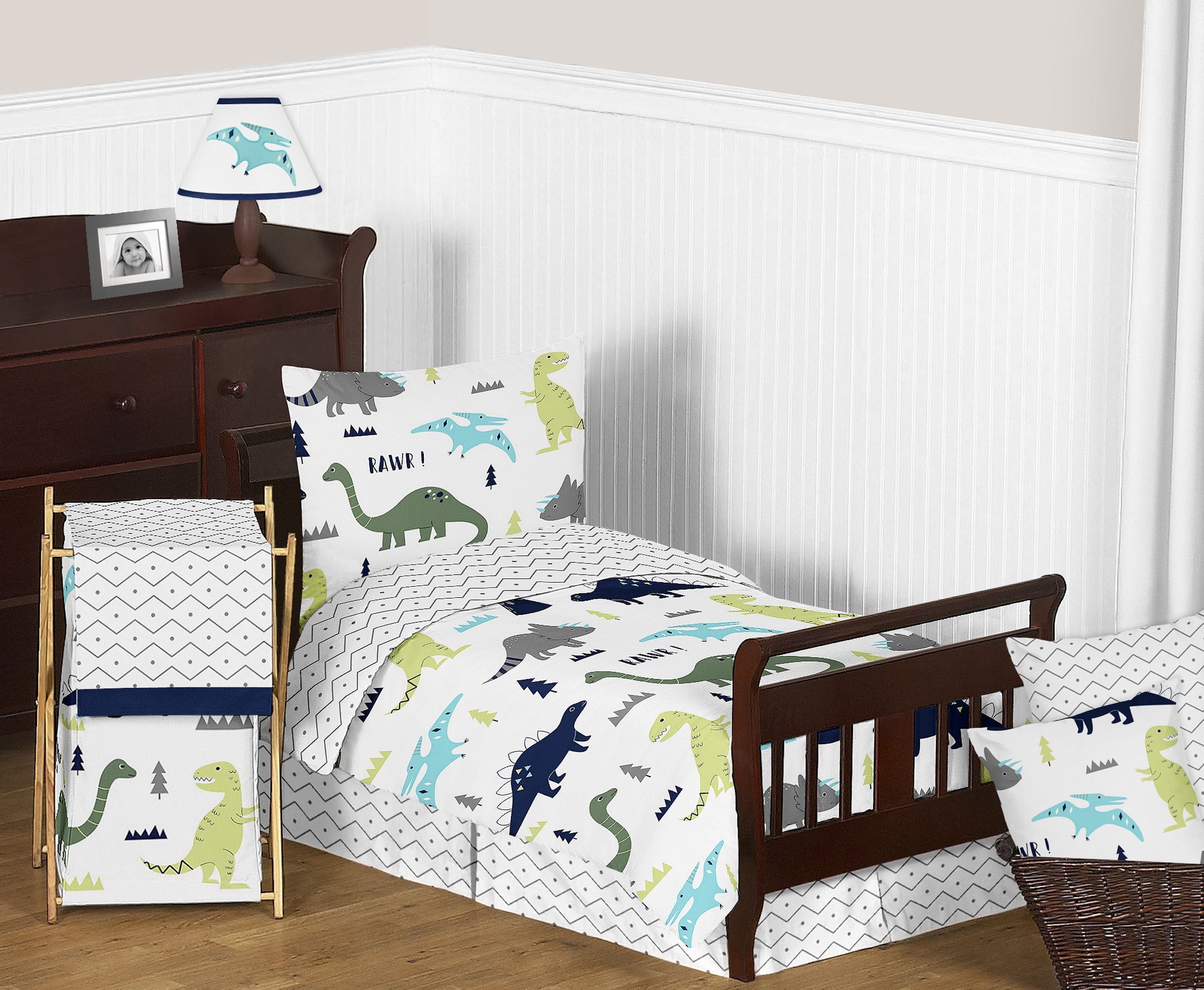 Blue and Green Dinosaur Toddler Bedding Set with Chevron Print