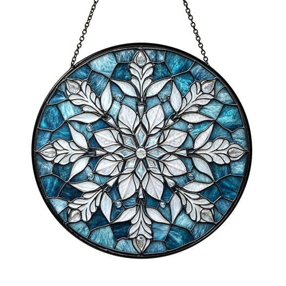 Blue and Green Snowflake Design Stained Glass Style Window Hanging Suncatcher, Festive Winter Home Decor Gift