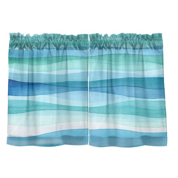 Blue and Green Waves 27"x24" Linen Look Cafe Curtain Set with Privacy and UV Protection