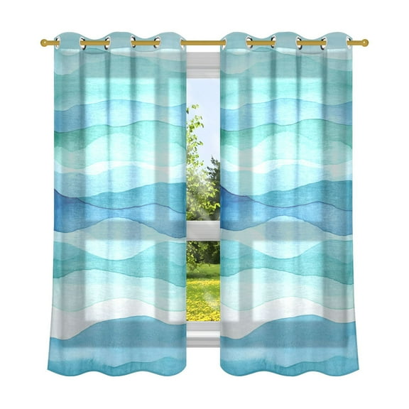 Blue and Green Waves Breathable Sheer Curtains 63x52in Soft Light Filtering, UV Protection and Thermal Insulation