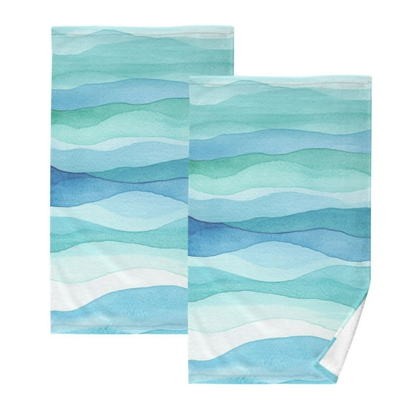 Blue and Green Waves Set of 2 Pure Cotton Towels, 16'' x 28'', Highly Absorbent and Soft