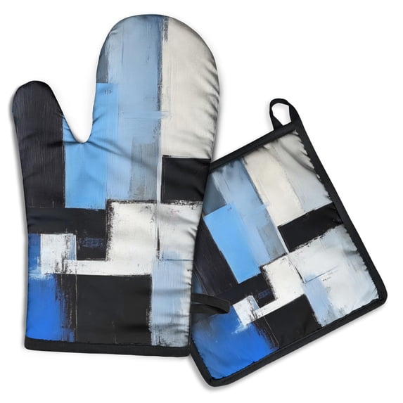 Blue and Grey Abstract Art Artwork Kitchen Oven Mitt and Pot Holder Sets 2 Pcs for Baking, Cooking and Grilling, Heat Resistant Up To 392 °F