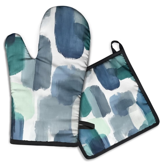 Blue and Grey Abstract Art Artwork Kitchen Oven Mitt and Pot Holder Sets 2 Pcs for Baking, Cooking and Grilling, Heat Resistant Up To 392 °F