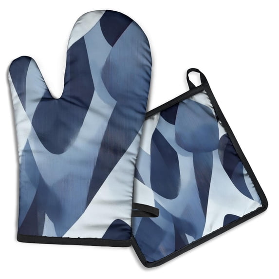 Blue and Grey Abstract Art Artwork Kitchen Oven Mitt and Pot Holder Sets 2 Pcs for Baking, Cooking and Grilling, Heat Resistant Up To 392 °F