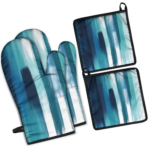 Blue and Grey Abstract Art Artwork Kitchen Oven Mitt and Pot Holder Sets 4 Pcs for Baking, Cooking and Grilling, Heat Resistant Up To 392 °F