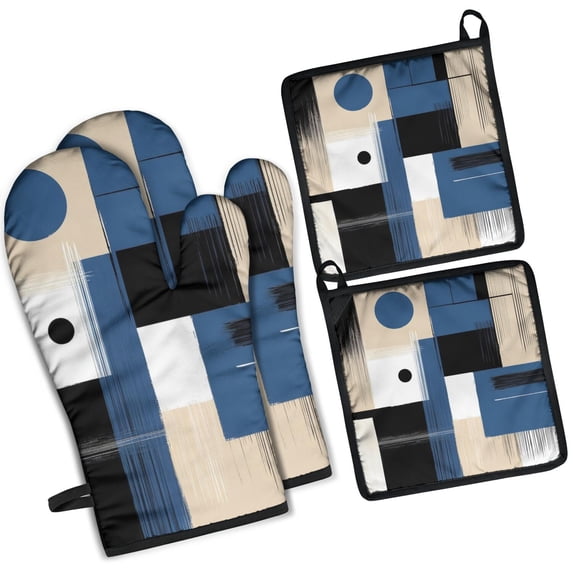 Blue and Grey Abstract Art Artwork Kitchen Oven Mitt and Pot Holder Sets 4 Pcs for Baking, Cooking and Grilling, Heat Resistant Up To 392 °F