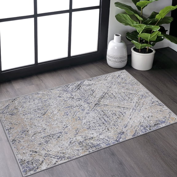Blue and Grey Geometric Floor Decor / Non-Shedding, Medium Pile for Entry