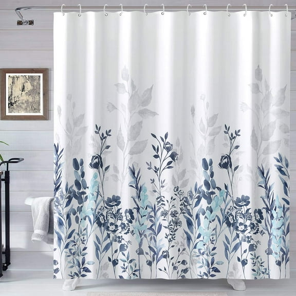 Blue and Grey Shower Curtain, Watercolor Floral Bathroom Curtain Teal and White 72×72 inches