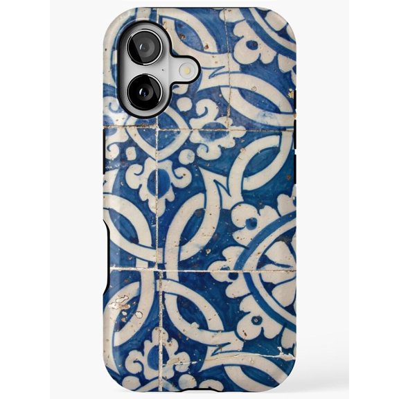 Blue and Ivory Floral Scroll Tile Tough Case for Apple iPhone, Polycarbonate Shell with TPU Liner