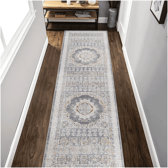 Blue and Ivory Medallion Runner Rug 26 x 96 Inch Modern Contemporary Floor Accent for Dining Space