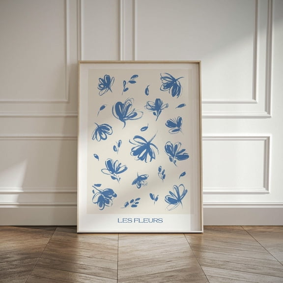 Blue and Neutral Floral Art Print French Bohemian Azure Wildflowers Decor, Stretched Canvas 8x10in