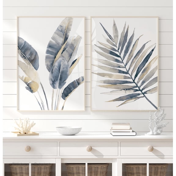 Blue and Neutral Leaf Prints Watercolor Botanical Wall Art Coastal Decor Set 2