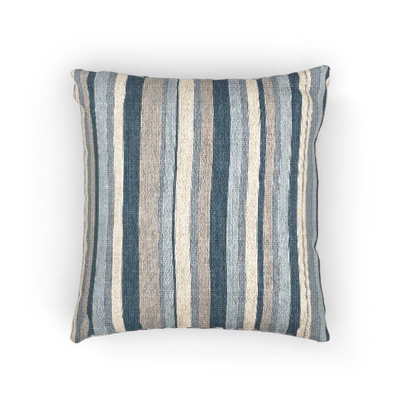 Blue and Off-White Vertical Stripe Decorative Woven Pillow, Cotton-Polyester Shell, Coastal Style