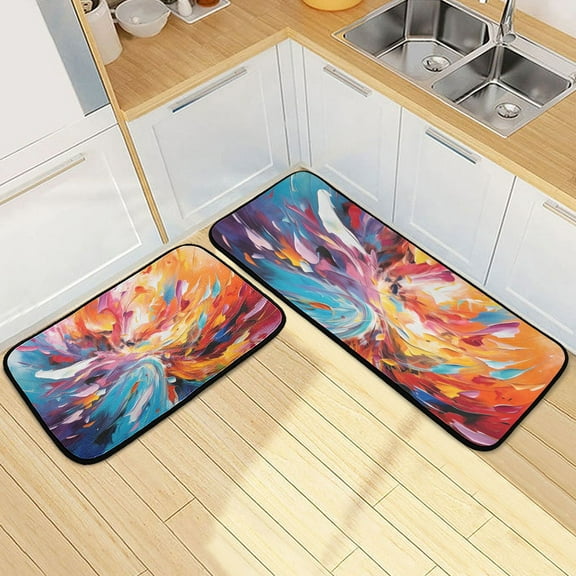 Blue and Orange Abstract Kitchen Rugs Set of 2 Non Slip Floor Foam Mat Cushioned Soft Waterproof Carpet Runner for Dining Room Laundry