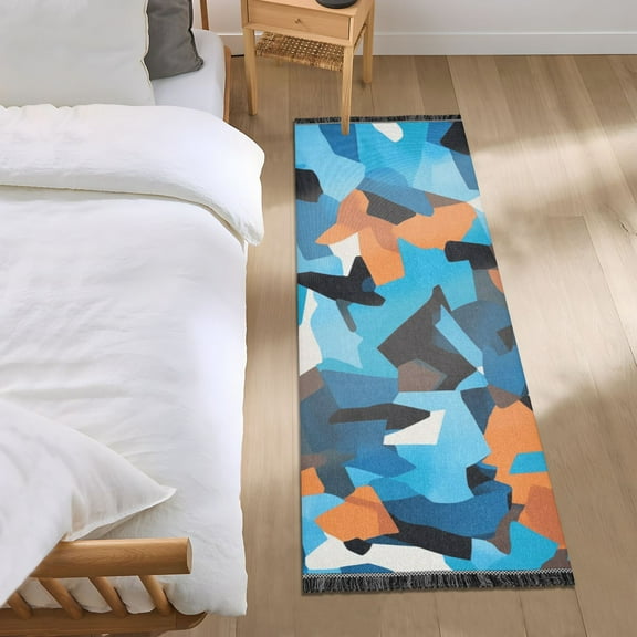 Blue and Orange Abstract Pattern Seamless Bedroom Runner Rug 2'x 6' Non Slip Carpet Indoor Home Area Rug Living Room