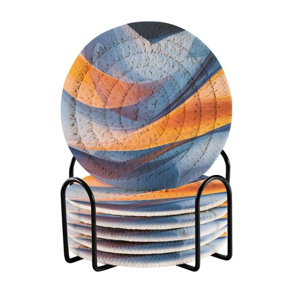 Blue and Orange Abstract Shape Drink Coasters with Holder Absorbent Coaster for Coffee Table Room Decor 6 Pack