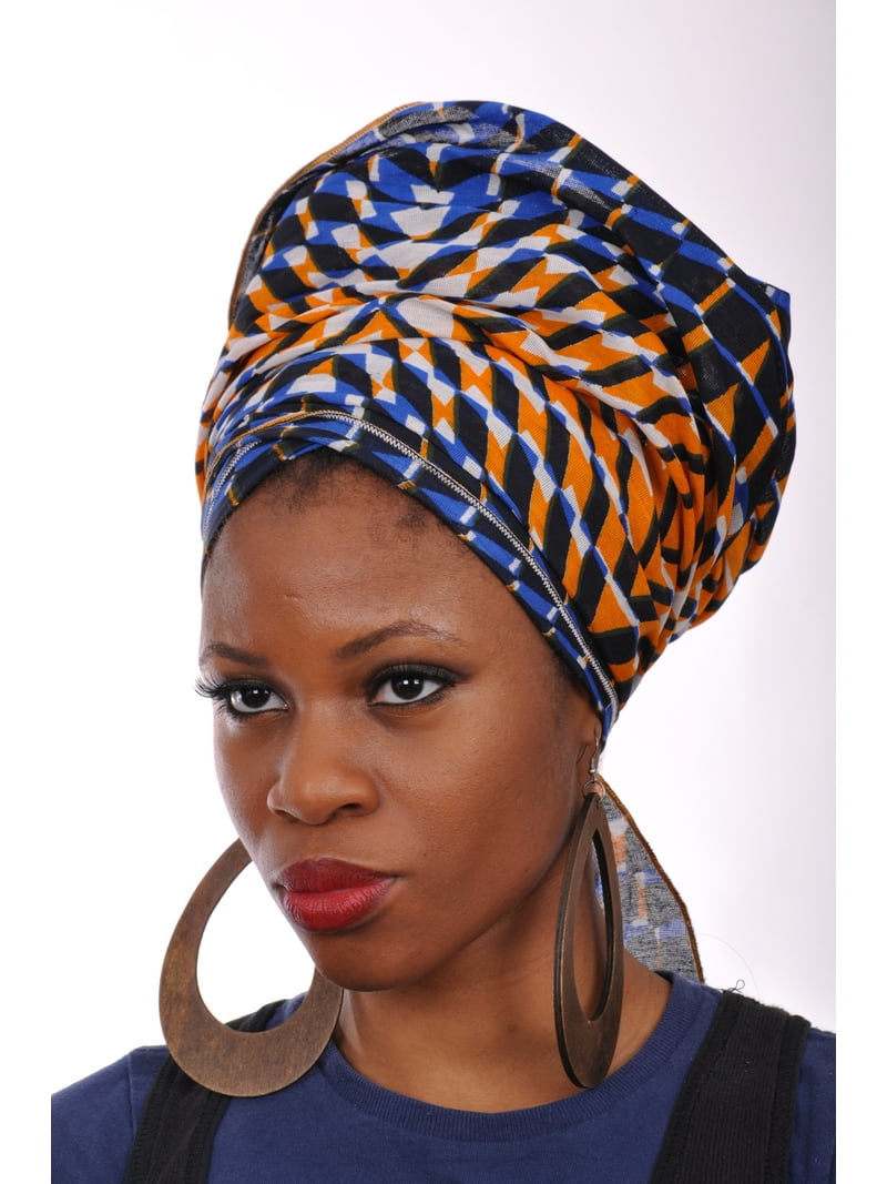 Blue and Orange African Print Ankara Head wrap Tie, scarf  display picture 1