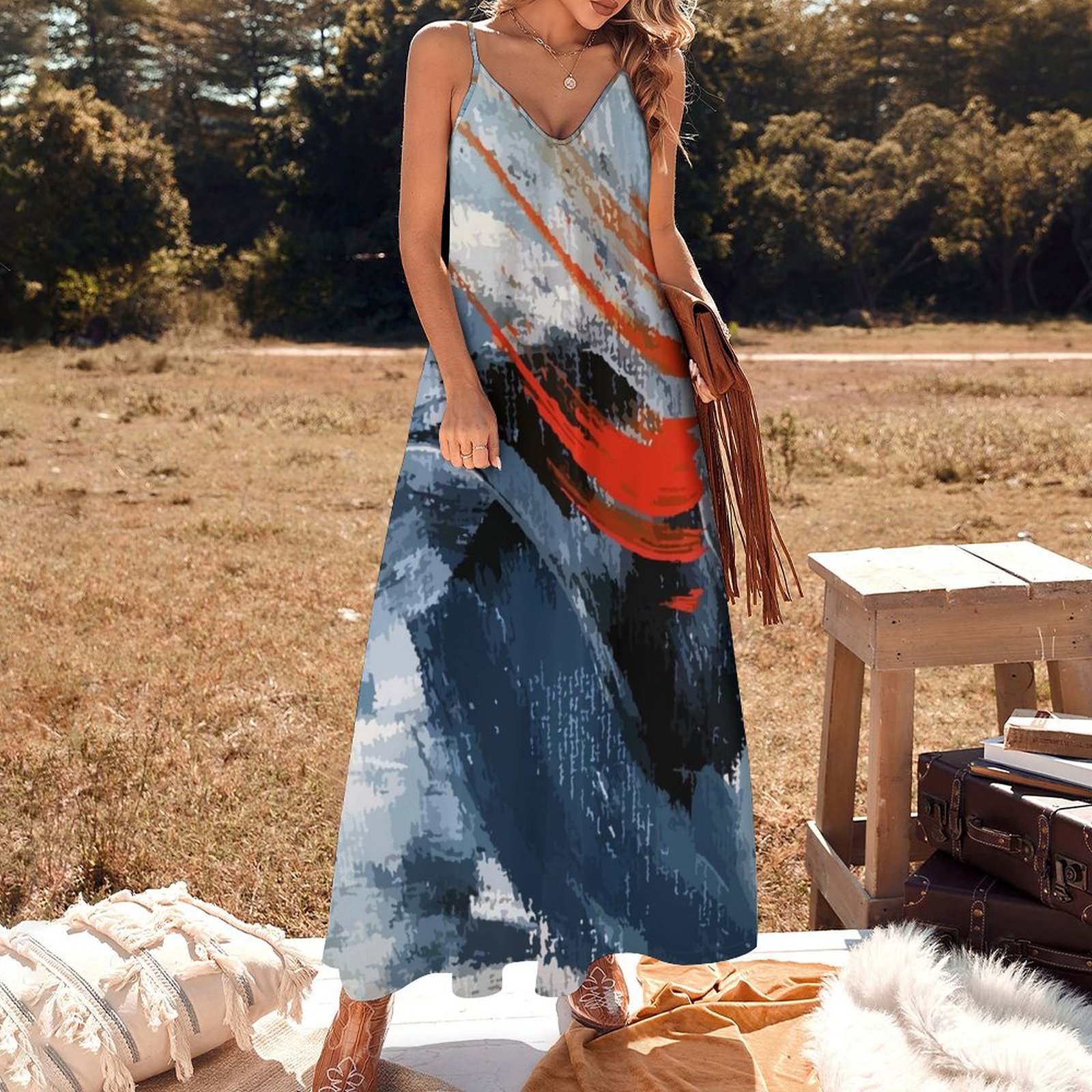 Blue and Orange Brushstroke Abstract Painting Sleeveless Dress Long ...