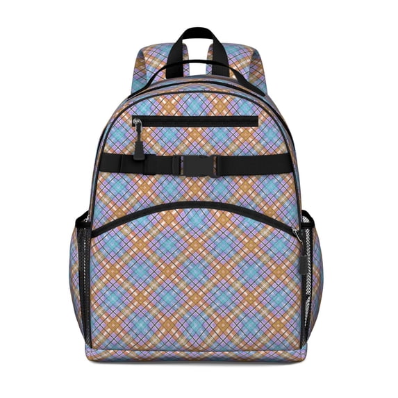 Blue and Orange Checkered Pattern Backpack for School, Cute School Bag with Adjustable Shoulder Straps and Padded Back, 15.25"x11.5"x5.25"
