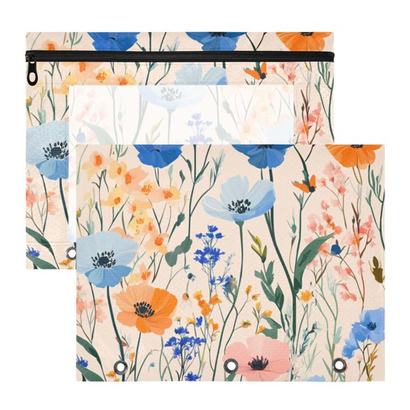 Blue and Orange Flowers Digital Print 3-Ring Binder Pouches A4 Size Zipper Pocket File Storage 2 Packs