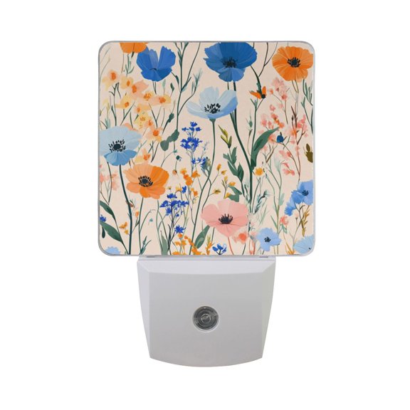 Blue and Orange Flowers Digital Print LED Night Light with Smart Sensor Plug Into Wall Dusk to Dawn 2 packs