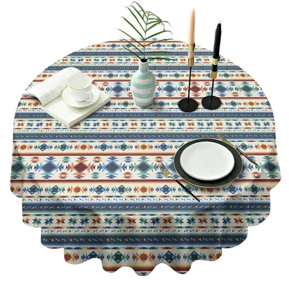 Blue and Orange Geometric Boho Pattern Round Tablecloth 60"x60",Wrinkle Wipeable Table Cloth for Kitchen Dining Room Picnic Patio Party
