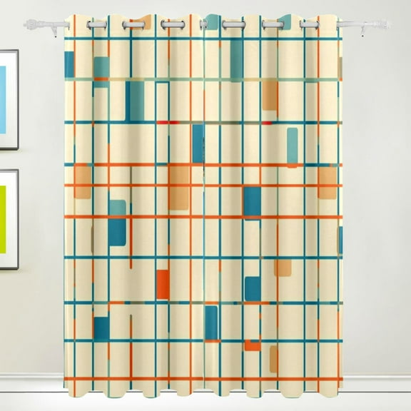Blue and Orange Grid Blackout Curtains for Living Room Bedroom 55W x 72/84L Insulated Window Drapes 2 Panels