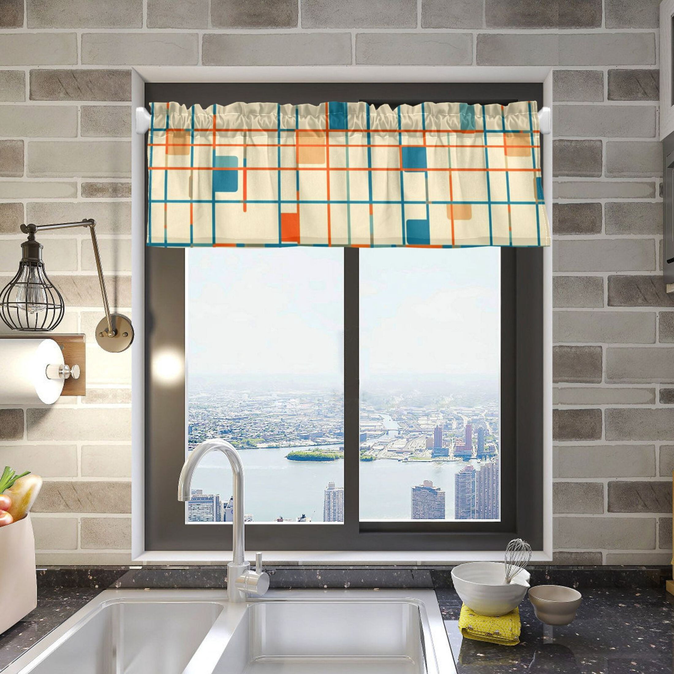 Blue and Orange Grid Curtain Valances for Windows Kitchen Living Room ...
