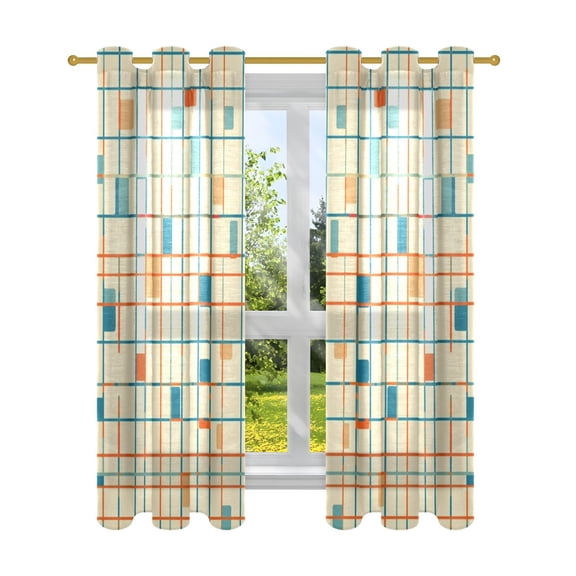 Blue and Orange Grid Semi Sheer Curtains for Living Room Bedroom Set of 2 Insulated Window Drapes